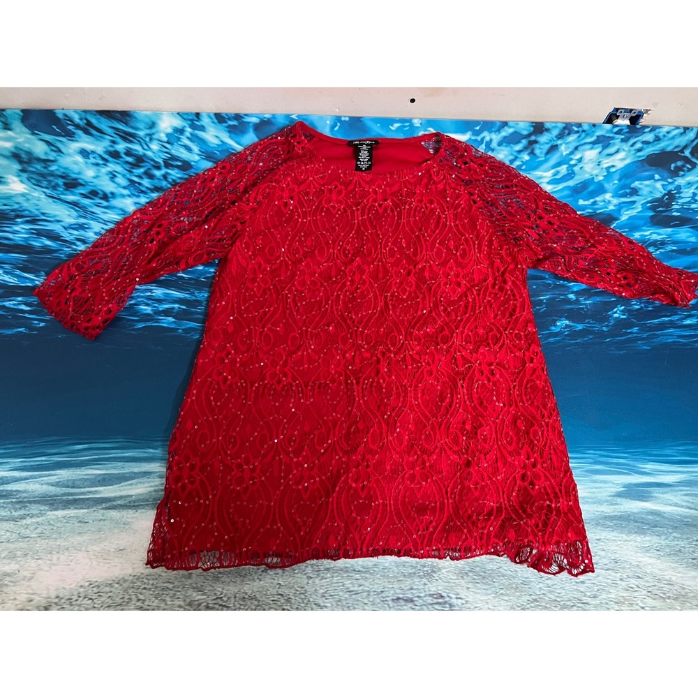 Brittany Black Red Sequin Lace Tunic Top Dress 3/4 Sleeve Size M